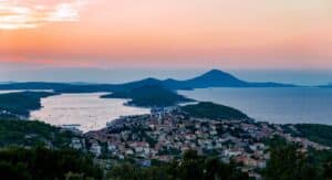 High angle panoramic view of idyllic town on island of Mali Losinj in Croatia.